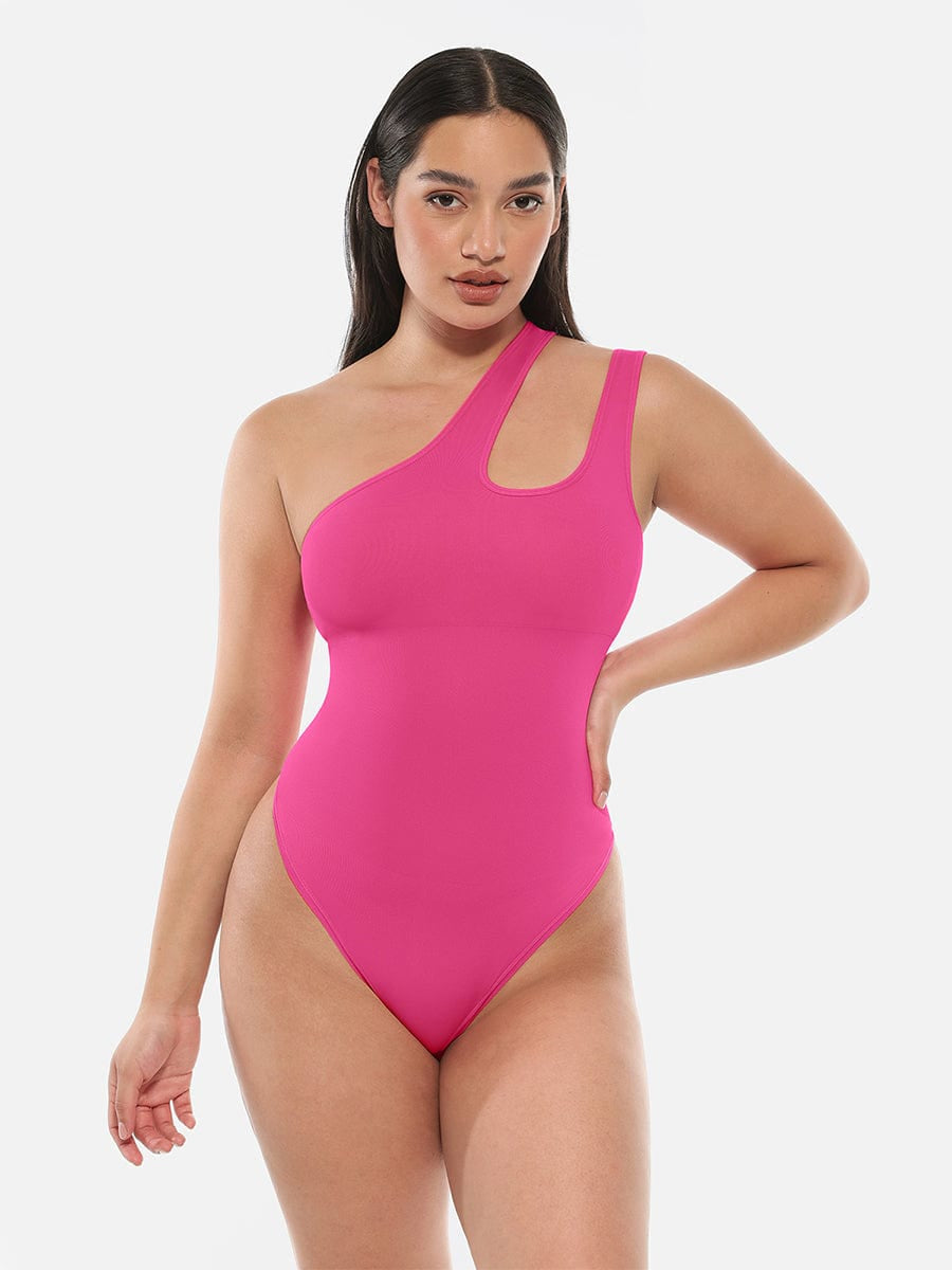One-Shoulder Cut-Out Waist Compression Bodysuit Dark Pink 1