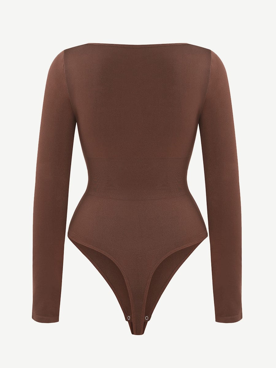 Eco-Friendly Square Neck Long Sleeve Waist Control Bodysuit Dark Brown 1