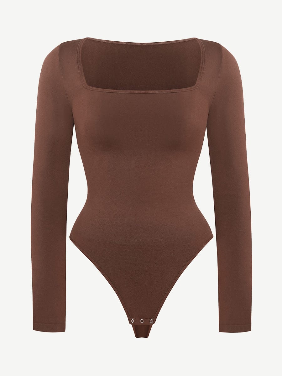 Eco-Friendly Square Neck Long Sleeve Waist Control Bodysuit Dark Brown 2