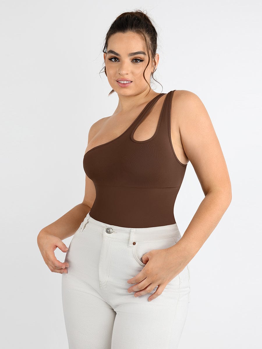 One-Shoulder Cut-Out Waist Compression Bodysuit Dark Brown 3