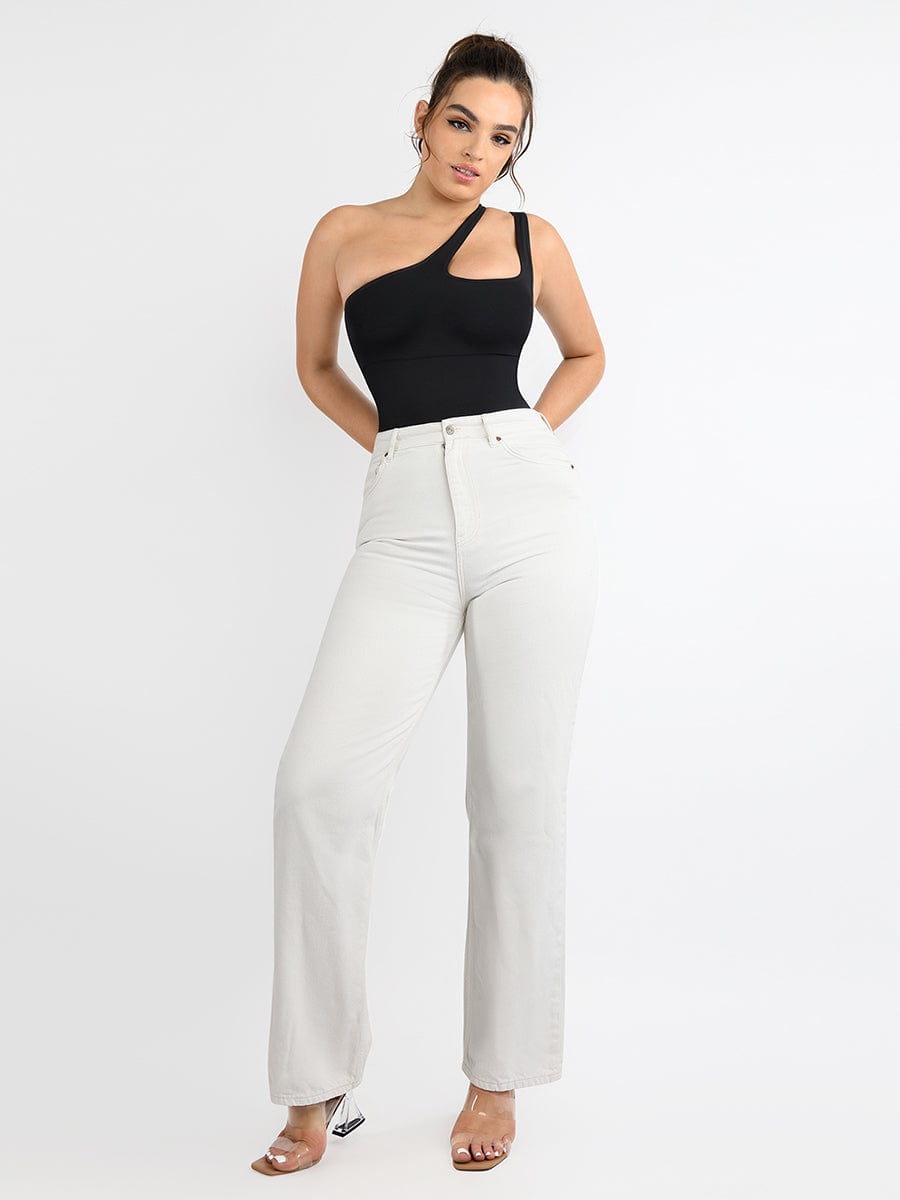 One-Shoulder Cut-Out Waist Compression Bodysuit 15