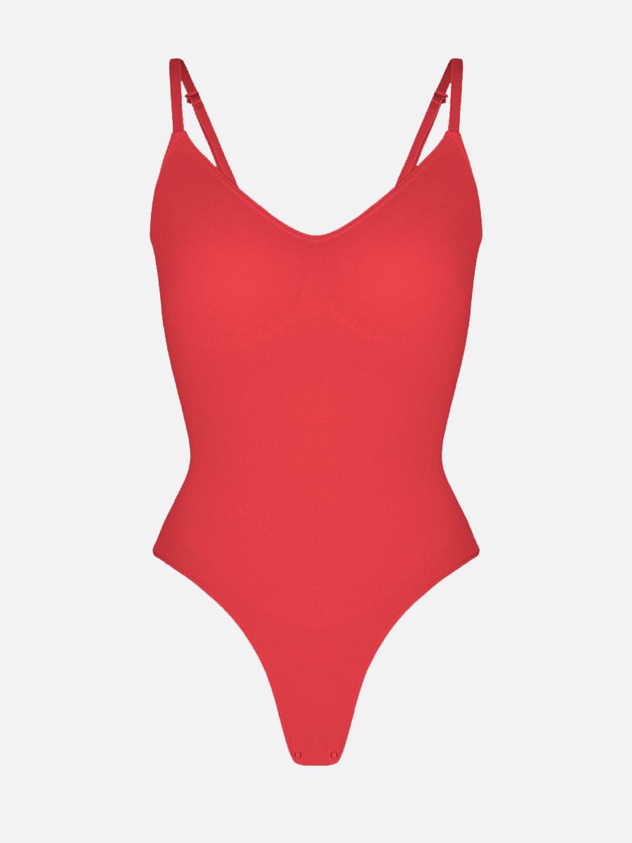 Seamless Covered Bust Thong Bodysuit Red 5
