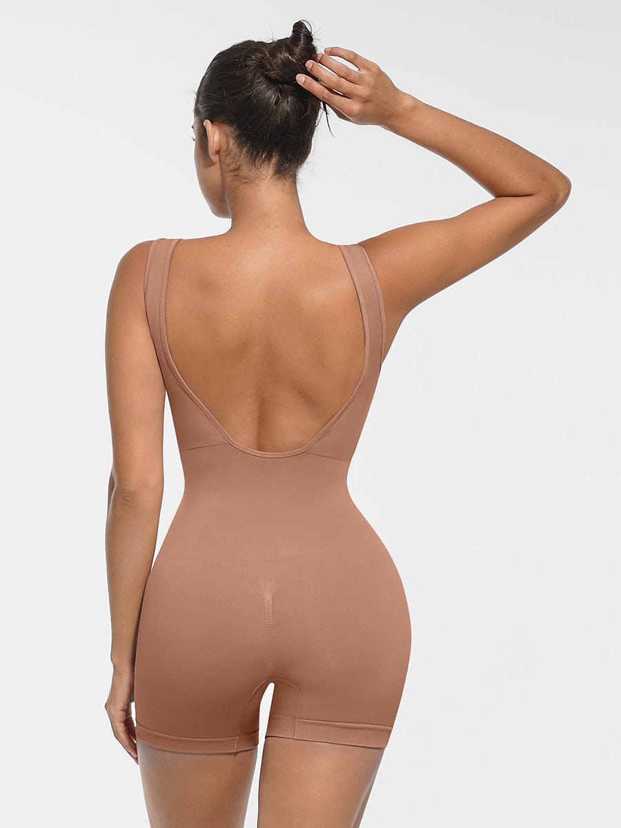 Round Neck U-Back Bodysuit With Removable Cups Dark Brown 3