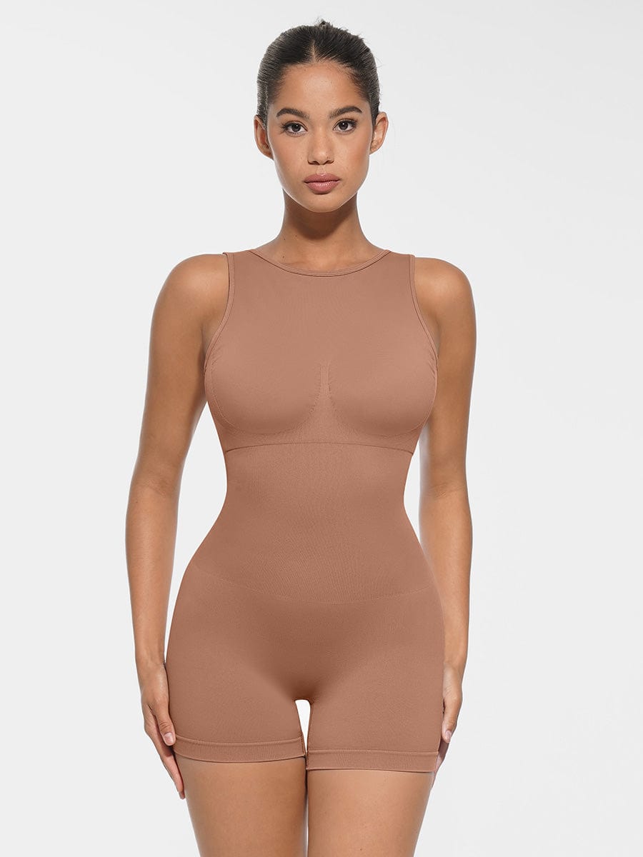 Round Neck U-Back Bodysuit With Removable Cups Dark Brown 2