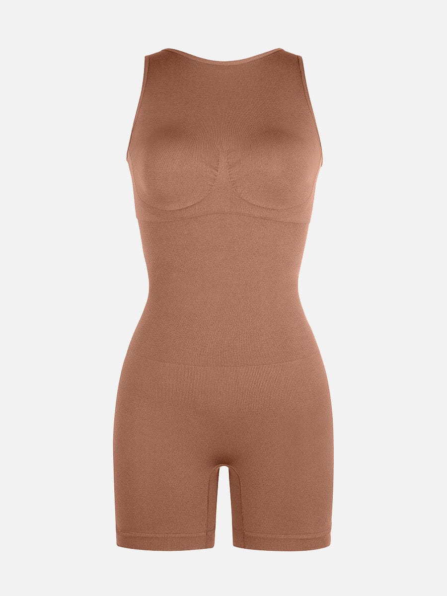 Round Neck U-Back Bodysuit With Removable Cups Light Brown 1