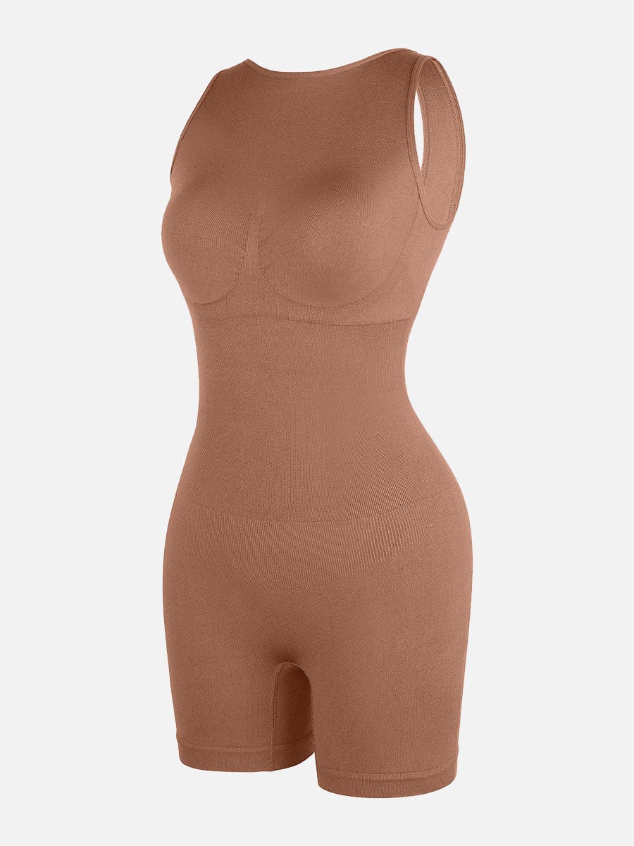 Round Neck U-Back Bodysuit With Removable Cups Light Brown 2