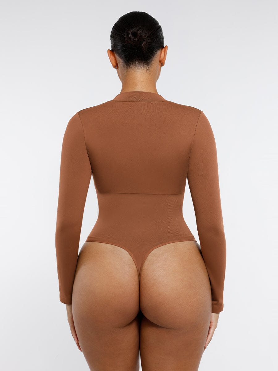 Seamless Long Sleeve Zip-Up Thong Bodysuit Black 2