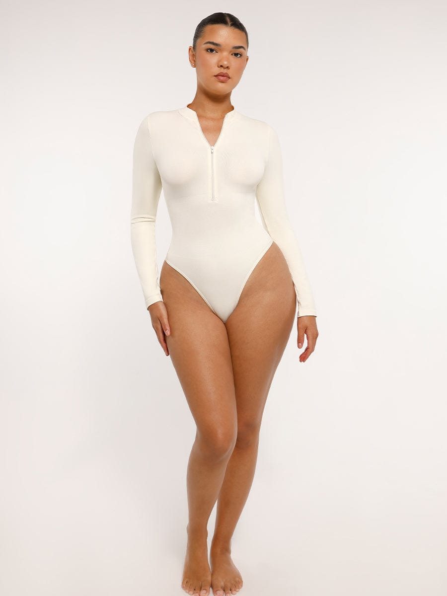Seamless Long Sleeve Zip-Up Thong Bodysuit 24