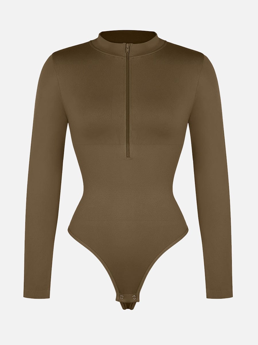 Seamless Long Sleeve Zip-Up Thong Bodysuit 15
