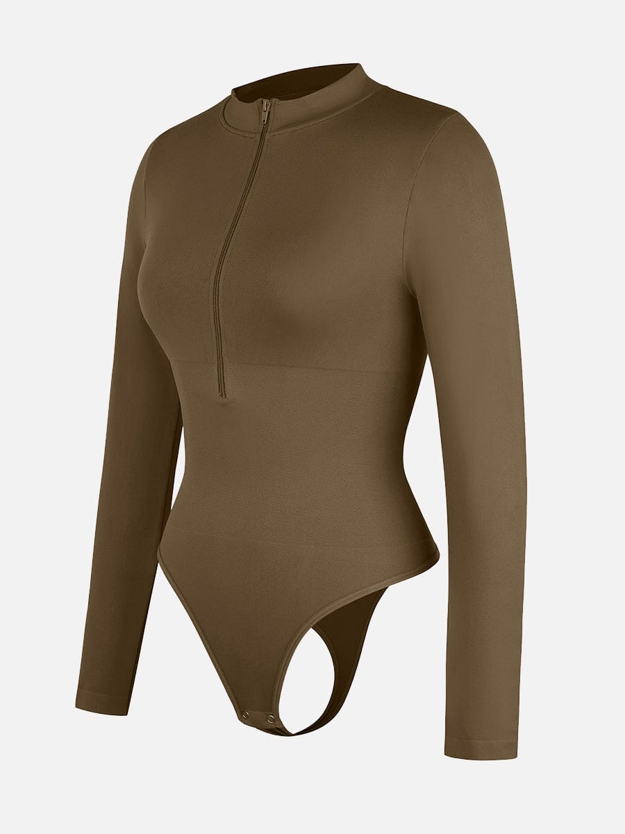 Seamless Long Sleeve Zip-Up Thong Bodysuit 16