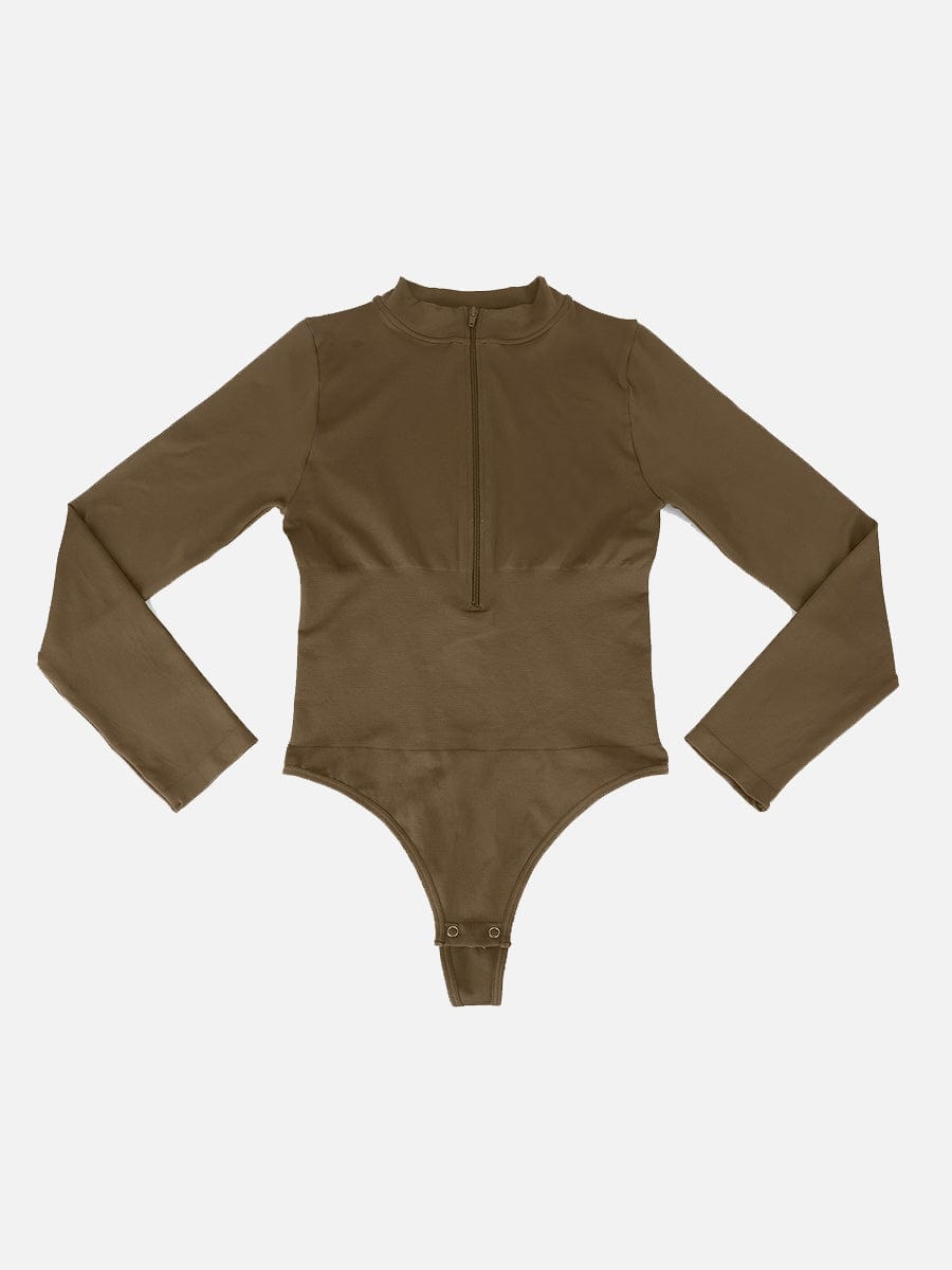Seamless Long Sleeve Zip-Up Thong Bodysuit 19