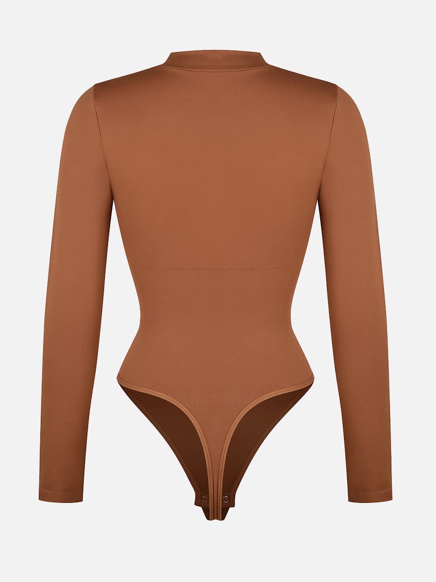 Seamless Long Sleeve Zip-Up Thong Bodysuit Green 1