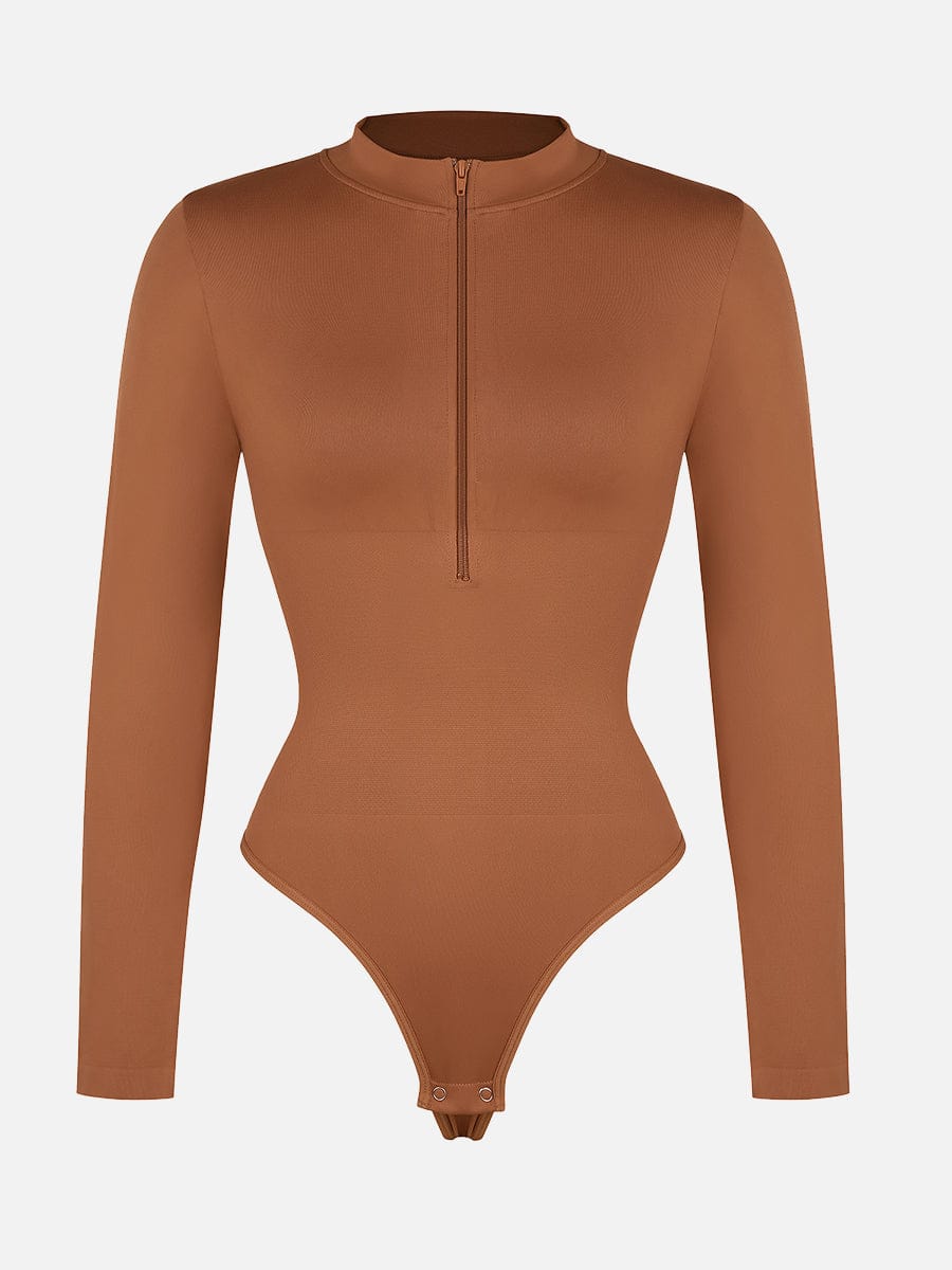 Seamless Long Sleeve Zip-Up Thong Bodysuit Light Brown 3