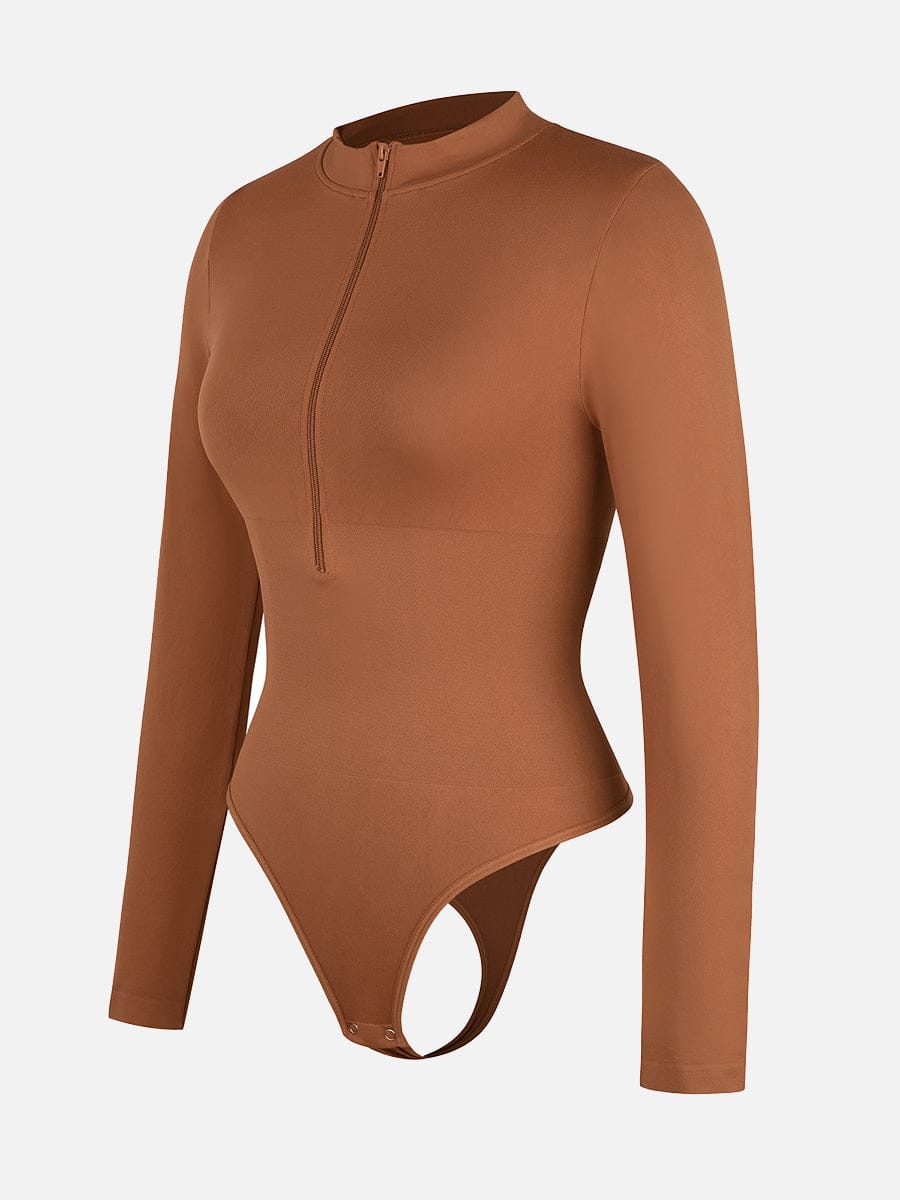 Seamless Long Sleeve Zip-Up Thong Bodysuit Light Brown 4