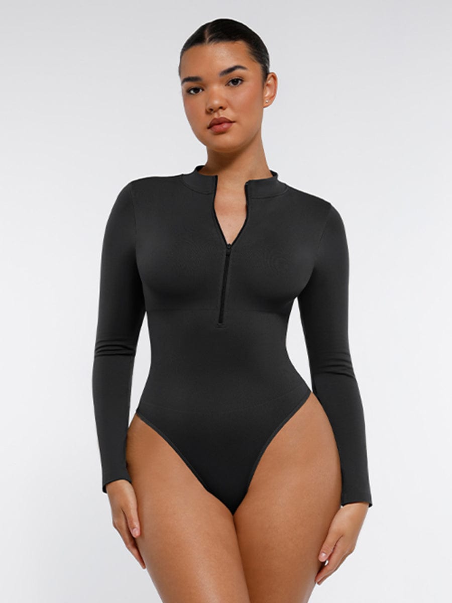Seamless Long Sleeve Zip-Up Thong Bodysuit White 2