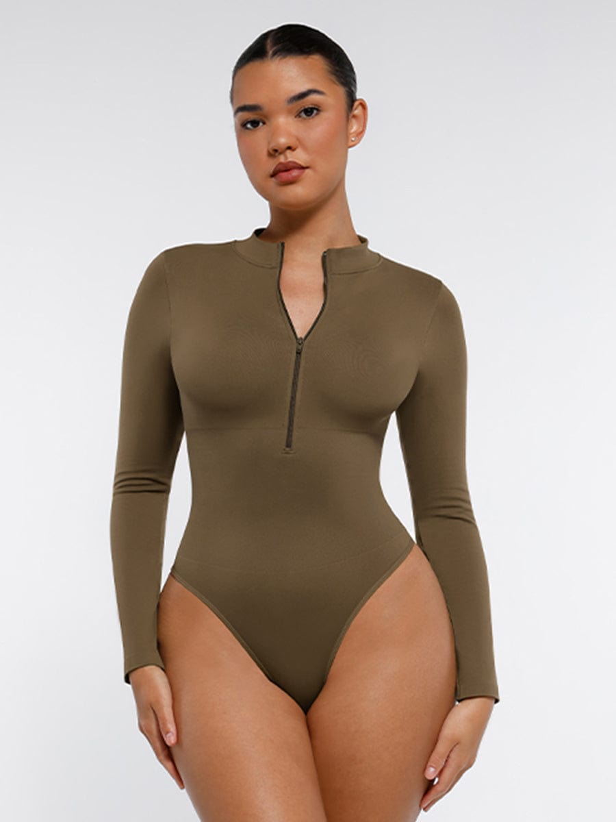 Seamless Long Sleeve Zip-Up Thong Bodysuit 9