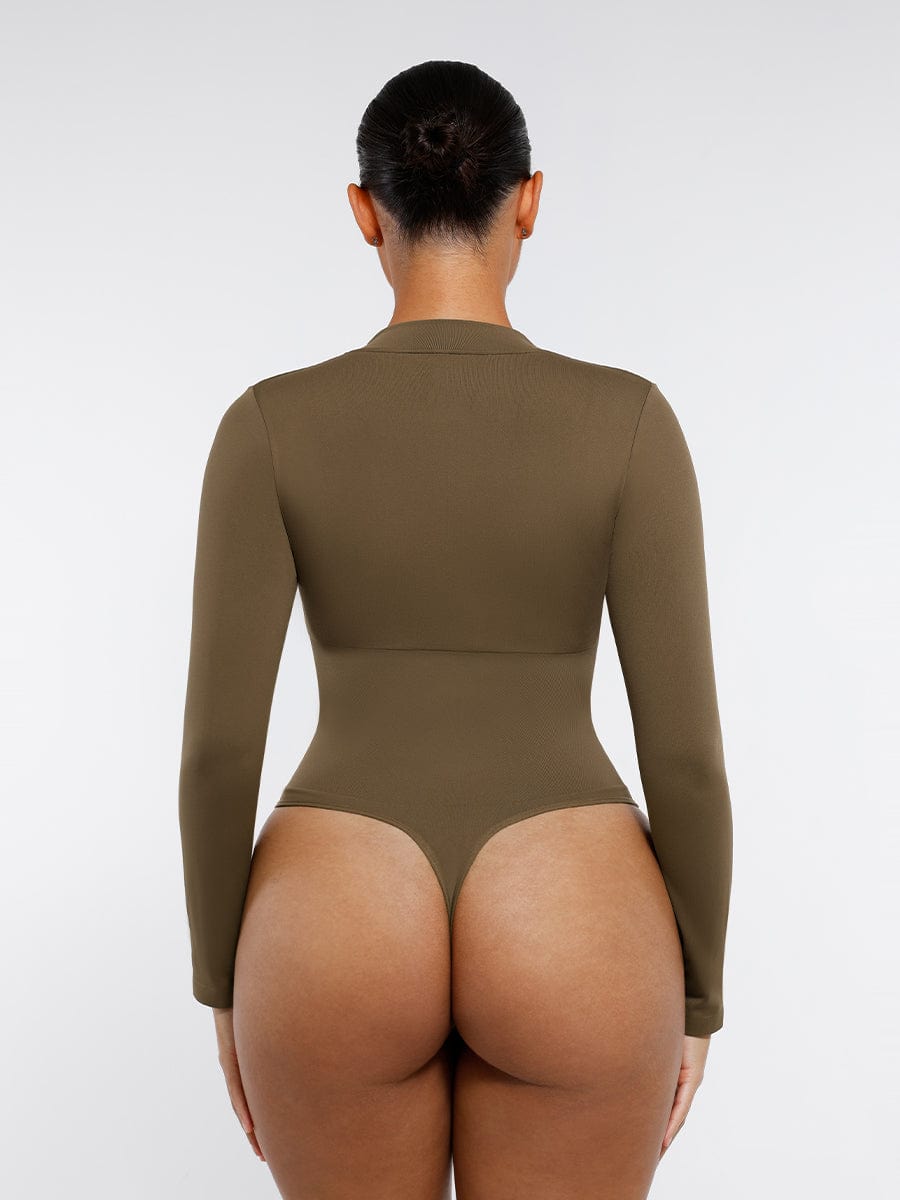 Seamless Long Sleeve Zip-Up Thong Bodysuit 11