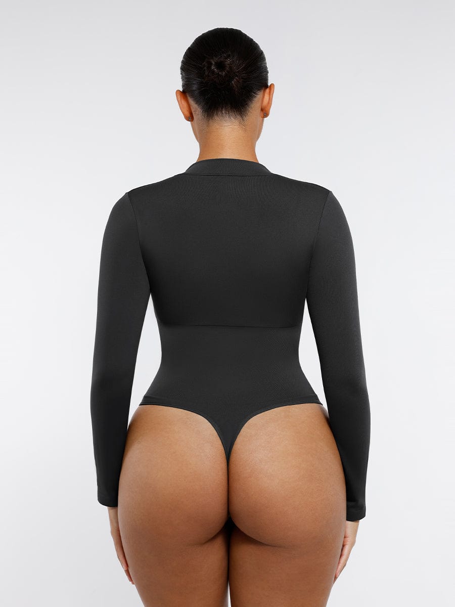 Seamless Long Sleeve Zip-Up Thong Bodysuit White 4