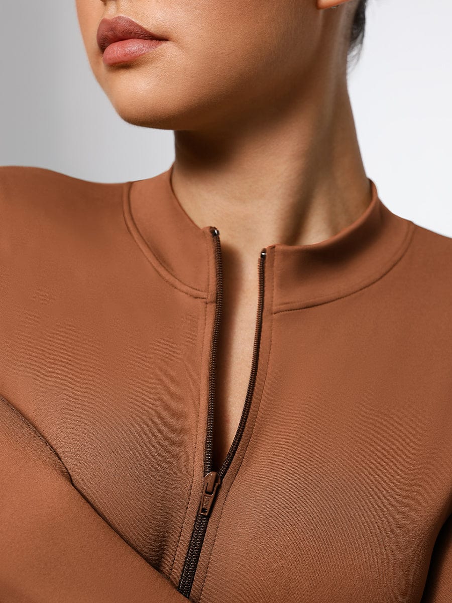 Seamless Long Sleeve Zip-Up Thong Bodysuit Light Brown 1