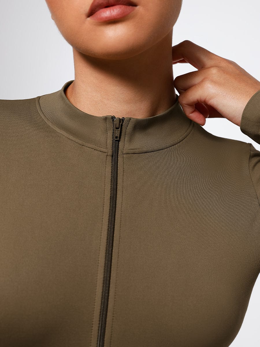 Seamless Long Sleeve Zip-Up Thong Bodysuit 12