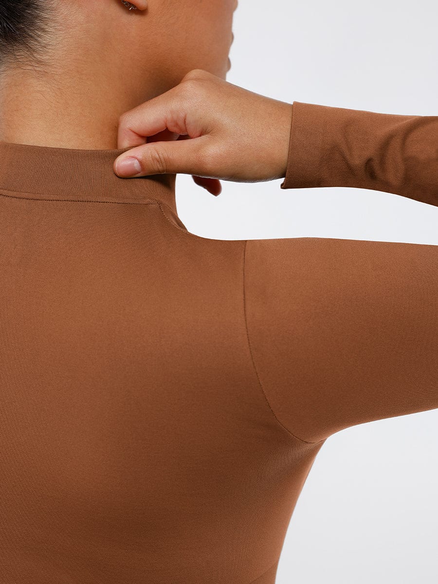 Seamless Long Sleeve Zip-Up Thong Bodysuit Light Brown 2