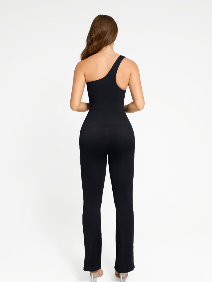 Seamless Sloped Shoulder Flared Leg Jumpsuit Dark Brown 1