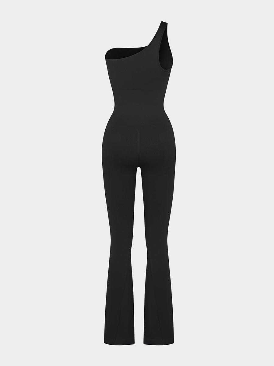 Seamless Sloped Shoulder Flared Leg Jumpsuit Dark Brown 4