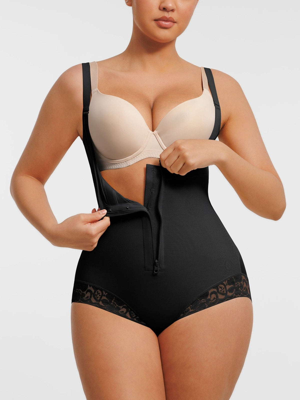 U-Shaped Bust Lifting Front Zip Lace Shapewear Black 9