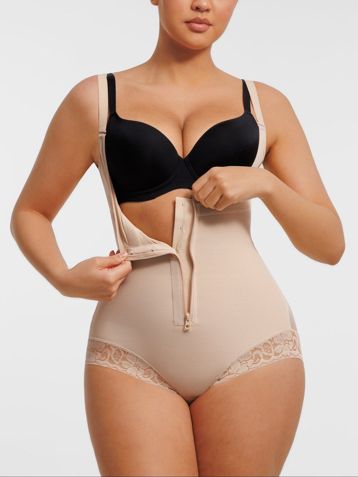 U-Shaped Bust Lifting Front Zip Lace Shapewear Black 4